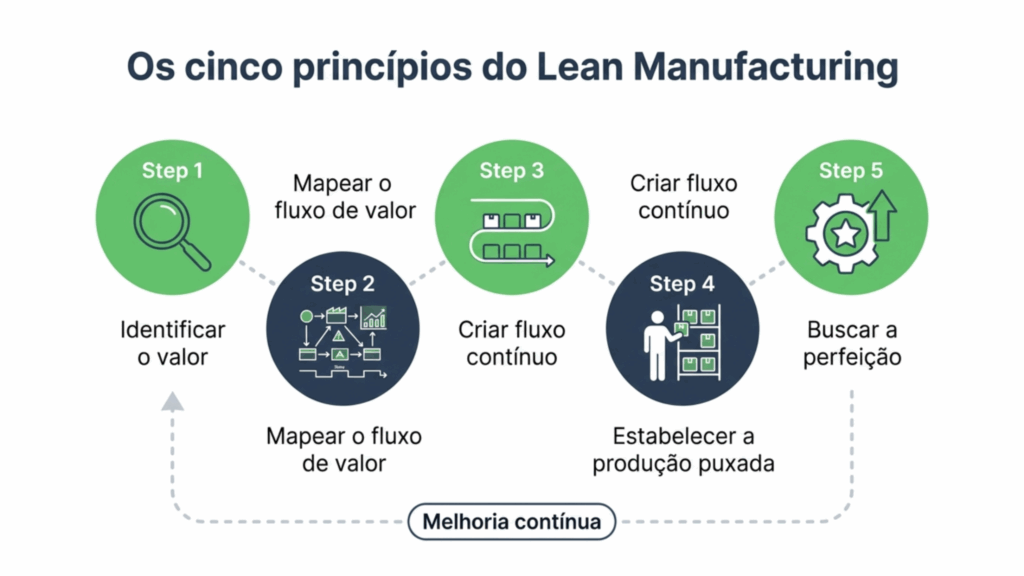Infográfico intitulado “Os cinco princípios do Lean Manufacturing”, apresentado em cinco etapas conectadas em sequência. 1) “Identificar o valor”; 2) “Mapear o fluxo de valor”; 3) “Criar fluxo contínuo”; 4) “Estabelecer a produção puxada”; e 5) “Buscar a perfeição”. Na parte inferior, uma linha pontilhada conecta as etapas e destaca o conceito de “Melhoria contínua”.