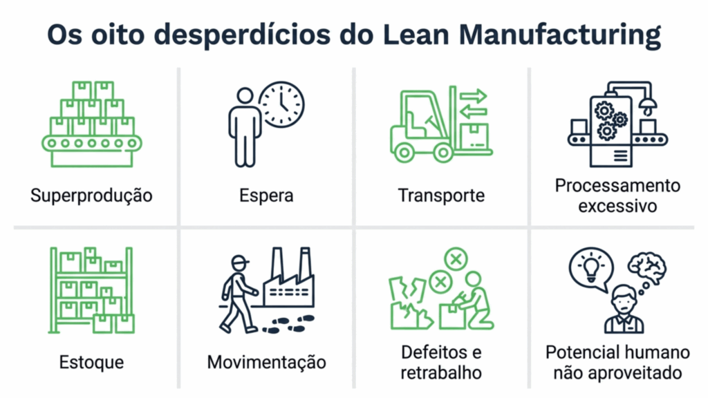 Infográfico intitulado “Os oito desperdícios do Lean Manufacturing”, organizado em oito quadros com ícones e seus respectivos conceitos: superprodução, espera, transporte, processamento excessivo, estoque, movimentação, defeitos e retrabalho e potencial humano não aproveitado.