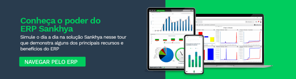 Banner promocional do ERP Sankhya destacando a experiência interativa de um tour pela solução. Imagem exibe telas do sistema em um laptop, tablet e smartphone, mostrando gráficos e dashboards de gestão. Texto convida o usuário a conhecer os recursos e benefícios do ERP, com um botão de call to action 'NAVEGAR PELO ERP'.