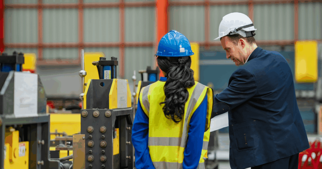 Profissionais analisando processos em uma linha de produção industrial com foco em Lean Manufacturing.