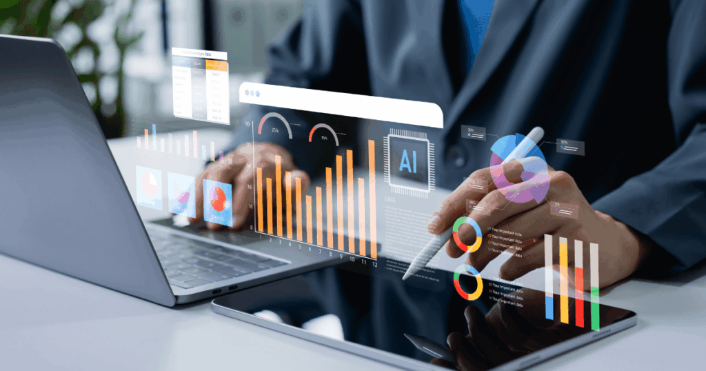 Profissional analisando gráficos e dashboards digitais com indicadores de desempenho e inteligência artificial em uma interface de inteligência comercial.