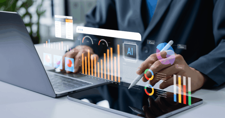 Profissional analisando gráficos e dashboards digitais com indicadores de desempenho e inteligência artificial em uma interface de inteligência comercial.