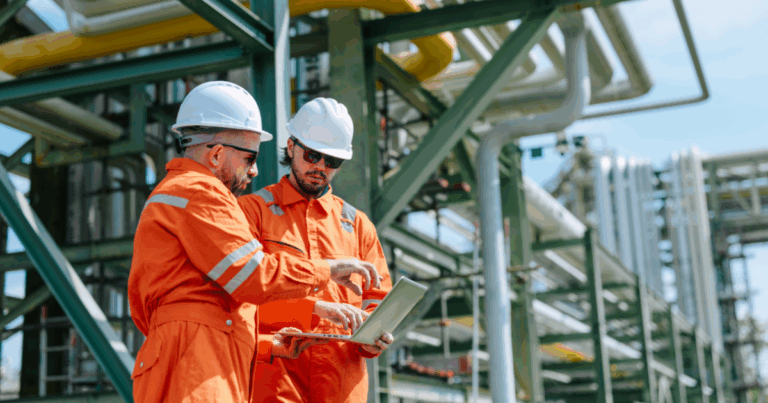 Dois profissionais da indústria utilizando um notebook para analisar informações em uma planta industrial, realizando atividades de PCM (Planejamento e Controle de Manutenção)