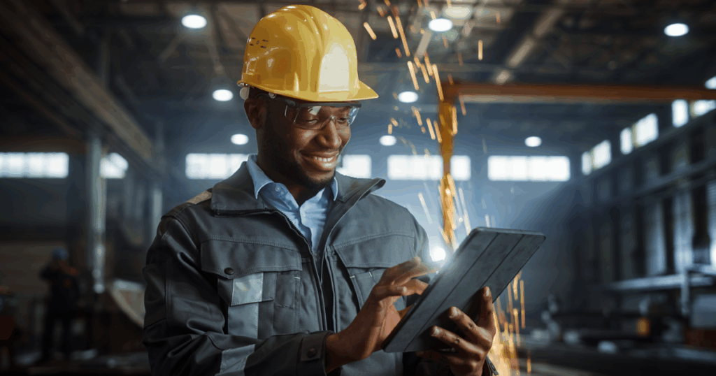 Trabalhador da indústria usando capacete amarelo e óculos de proteção, sorrindo enquanto manuseia um tablet em uma fábrica. Faíscas metálicas aparecem ao fundo, indicando atividade industrial. O ambiente é espaçoso, bem iluminado e com estruturas metálicas