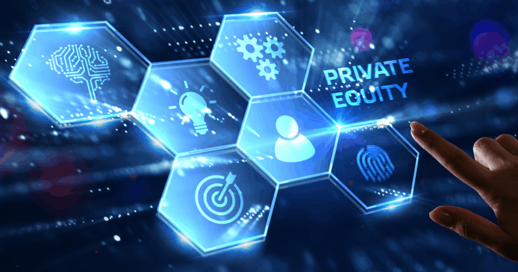 Imagem de um organograma com o nome Private Equity no centro e ícones relacionados ao termo: alvo, pessoas, digital, engrenagens, ideias e estratégia.