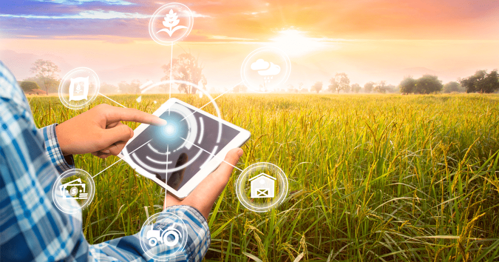 Imagem representando as principais tendências de mercado para 2023 no agro:

Sensores;

Internet das Coisas (IoT);
Aplicativos e softwares de gestão;
Drones;
Produtos eco-friendly;
Inteligência Artificial (IA).