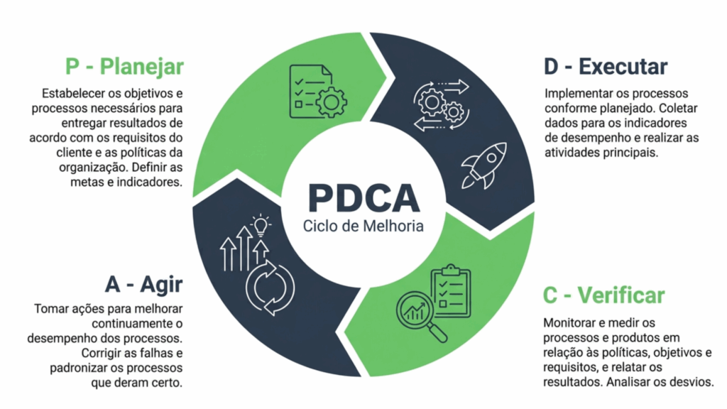 Diagrama de Ishikawa ou espinha de peixe mostrando a análise de causa e efeito de um problema, com causas organizadas nas categorias Método, Máquina, Medição, Mão de Obra, Meio Ambiente e Material.