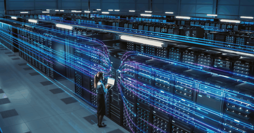 Data warehouse com servidores e fluxos de dados digitais interconectados em um ambiente tecnológico.