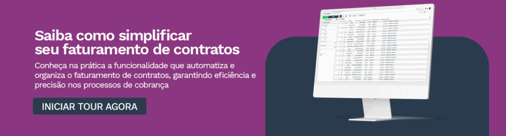 Banner promocional sobre faturamento de contratos. Texto principal em branco destaca 'Saiba como simplificar seu faturamento de contratos'. Descrição explica que a funcionalidade automatiza e organiza esse processo, garantindo eficiência e precisão na cobrança. Botão escuro com CTA 'Iniciar tour agora'. Imagem de um monitor exibindo a interface do sistema de faturamento de contratos.