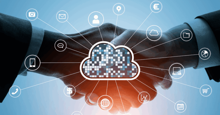 Acordo empresarial com ícones digitais conectados a uma nuvem representando integração de dados, simbolizando soluções de ERP cloud para gestão eficiente e conectada.