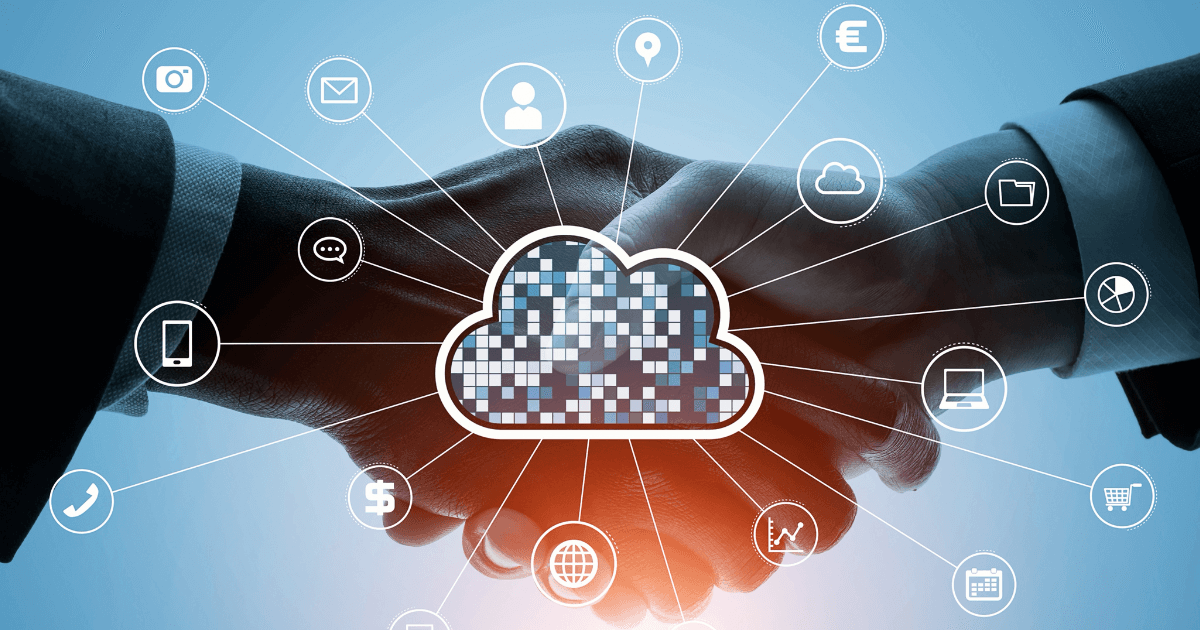 Acordo empresarial com ícones digitais conectados a uma nuvem representando integração de dados, simbolizando soluções de ERP cloud para gestão eficiente e conectada.