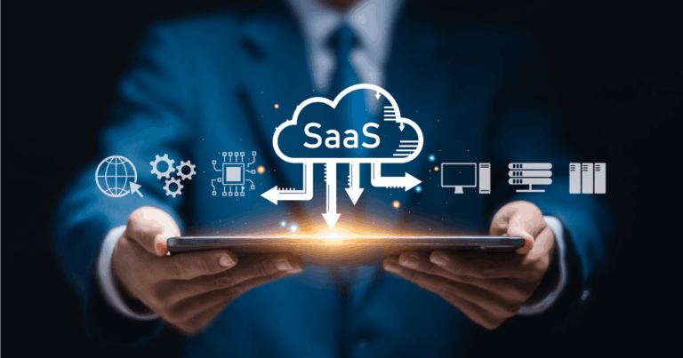 Representação visual do modelo SaaS com ícones de tecnologia e nuvem, destacando a integração e distribuição de software como serviço em ambiente corporativo.