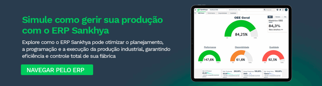 Banner promocional do ERP Sankhya destacando a gestão da produção industrial. O texto incentiva os usuários a simularem a gestão da produção com o ERP Sankhya, explicando como a ferramenta otimiza planejamento, programação e execução da produção. Ao lado, uma tela de tablet exibe um dashboard com indicadores de eficiência, como OEE Geral, Performance, Disponibilidade e Qualidade. Um botão verde convida os usuários a 'Navegar pelo ERP'.