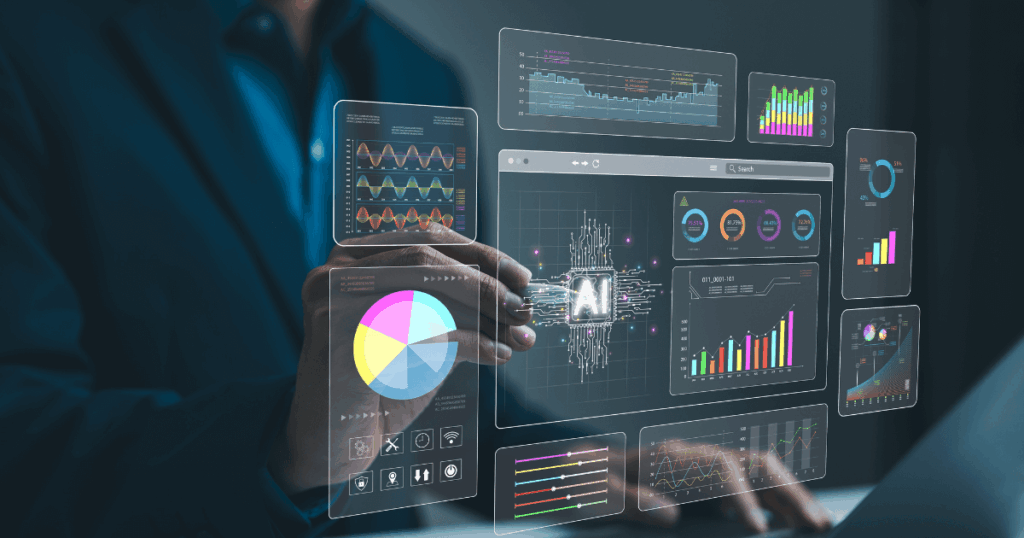 Representação de IA para análise de dados, mostrando como a inteligência artificial transforma informações em insights estratégicos.