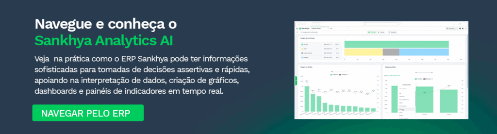 Banner promocional do Sankhya Analytics AI. Texto principal em branco e verde destaca 'Navegue e conheça o Sankhya Analytics AI'. Descrição informa como o ERP Sankhya pode fornecer informações sofisticadas para decisões rápidas e assertivas, auxiliando na interpretação de dados, criação de gráficos, dashboards e indicadores em tempo real. Botão verde com CTA 'Navegar pelo ERP'. Imagem exibe uma interface do sistema com gráficos e painéis de análise de dados.