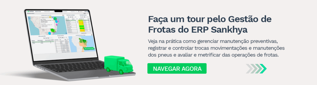 Banner promocional sobre Gestão de Frotas no ERP Sankhya. Texto principal em azul destaca 'Faça um tour pelo Gestão de Frotas do ERP Sankhya'. Descrição explica como a ferramenta auxilia no gerenciamento de manutenções preventivas, controle de trocas e movimentações de pneus, além da avaliação e metrificação das operações de frotas. Botão verde com CTA 'Navegar agora'. Imagem exibe um notebook com a interface do sistema, mostrando mapas e gráficos, acompanhado de uma ilustração de um caminhão verde.