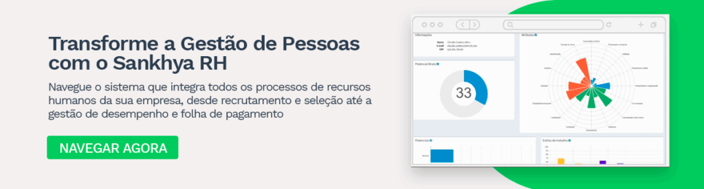 Banner promocional do Sankhya RH, destacando a gestão integrada de recursos humanos. A imagem exibe um painel do sistema com gráficos analíticos, incluindo um gráfico radial e indicadores numéricos, representando funcionalidades como recrutamento, seleção, desempenho e folha de pagamento. O texto convida o usuário a explorar o sistema para otimizar a gestão de pessoas. Há um botão verde de call-to-action com a frase 'Navegar Agora'.