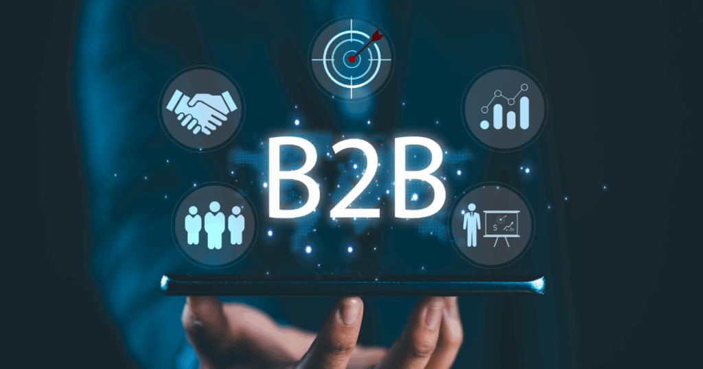 E-commerce B2B representado por ícones digitais sobre um tablet, destacando conceitos como parceria comercial, análise de dados e crescimento estratégico.