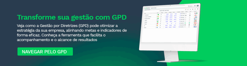 Banner promocional sobre Gestão por Diretrizes (GPD). Texto principal em verde destaca 'Transforme sua gestão com GPD'. Descrição explica como a metodologia pode otimizar a estratégia da empresa, alinhando metas e indicadores de forma eficaz. Botão verde com CTA 'Navegar pelo GPD'. Imagem de um monitor exibindo a interface do sistema de Gestão por Diretrizes da Sankhya.