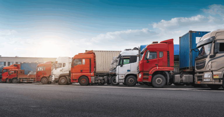 Caminhões estacionados lado a lado em pátio logístico, destacando a importância do uso de Arla 32 para redução de emissões e conformidade ambiental.