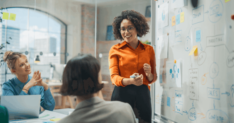 Equipe discutindo estratégias de marketing em reunião criativa, com foco em planejamento visual no quadro branco
