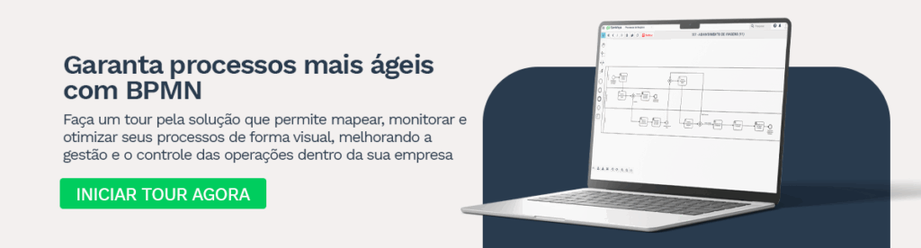 Banner promocional da solução BPMN do ERP Sankhya. A imagem exibe um laptop aberto com um diagrama de processos BPMN na tela, representando a modelagem e otimização de fluxos de trabalho. O texto destaca a importância de mapear, monitorar e melhorar processos de forma visual para uma gestão mais ágil. Há um botão verde de call-to-action com a frase 'Iniciar Tour Agora'.