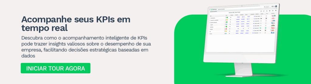 Banner promocional com chamada 'Acompanhe seus KPIs em tempo real'. À esquerda, texto explicativo destaca os benefícios do monitoramento inteligente de indicadores de desempenho. À direita, imagem de um computador com dashboard de KPIs. Botão verde com o texto 'Iniciar tour agora' convida à ação.