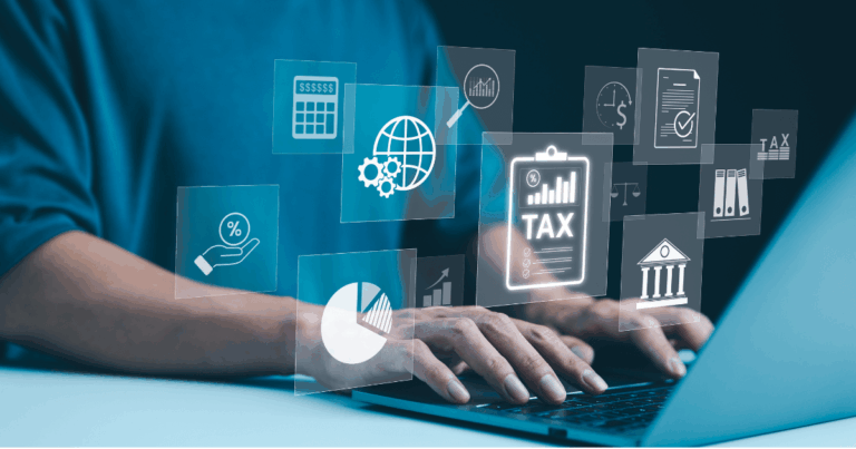 Profissional acessando dados fiscais no notebook com ícones digitais representando impostos, gráficos e legislação, simbolizando práticas de compliance tributário nas empresas.