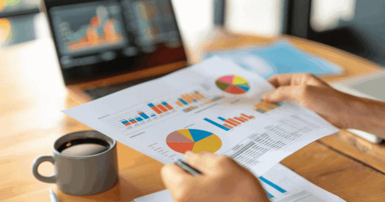 Pessoa analisando gráficos e relatórios com indicadores coloridos, representando o processo de projeção financeira para tomada de decisão estratégica.