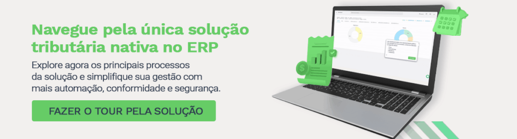 Banner promocional da Sankhya Tax. À esquerda, em destaque, está o texto: "Navegue pela única solução tributária nativa no ERP". Abaixo, há a descrição: "Explore agora os principais processos da solução e simplifique sua gestão com mais automação, conformidade e segurança." Abaixo do texto, um botão verde diz: "FAZER O TOUR PELA SOLUÇÃO". À direita da imagem, há um notebook aberto com gráficos na tela e ilustrações em 3D de um documento com cifrão, um calendário e uma lista de tarefas, todos em verde.