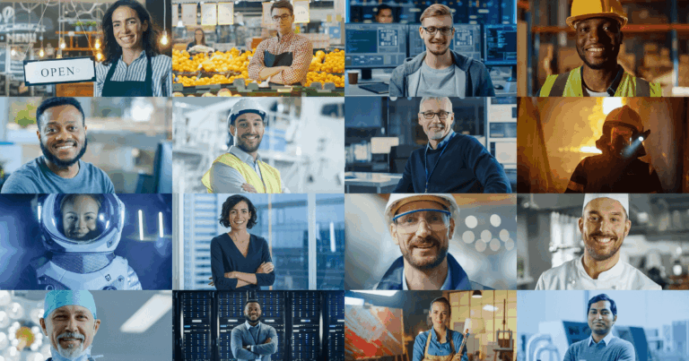 Montagem com profissionais de diferentes áreas, representando a diversidade de ocupações listadas na CBO – Classificação Brasileira de Ocupações.