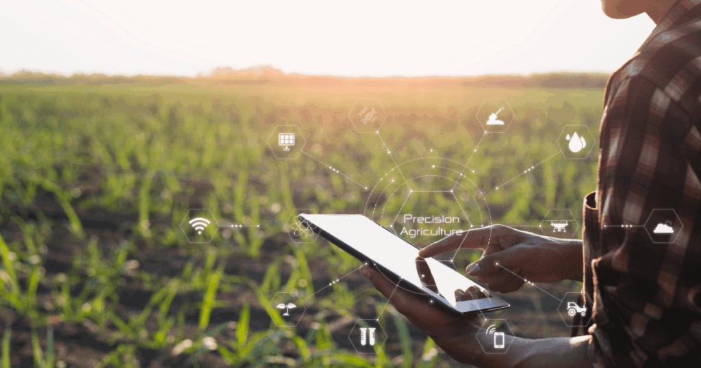 Agricultor utilizando tablet em lavoura com recursos digitais, simbolizando o uso de georreferenciamento integrado ao ERP na gestão de safra no agronegócio.