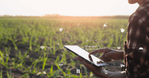 Agricultor utilizando tablet em lavoura com recursos digitais, simbolizando o uso de georreferenciamento integrado ao ERP na gestão de safra no agronegócio.