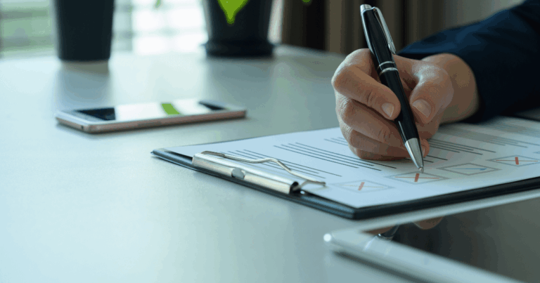 Pessoa preenchendo uma lista de verificação, com marcações em vermelho e azul, representando o processo de avaliação ou análise de diretrizes em um contexto de gerenciamento.