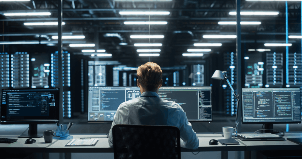 Profissional de TI trabalhando em um data center, monitorando e gerenciando códigos em múltiplos monitores, ilustrando a importância do PaaS (Platform as a Service) na gestão de infraestrutura digital e automação.