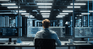 Profissional de TI trabalhando em um data center, monitorando e gerenciando códigos em múltiplos monitores, ilustrando a importância do PaaS (Platform as a Service) na gestão de infraestrutura digital e automação.