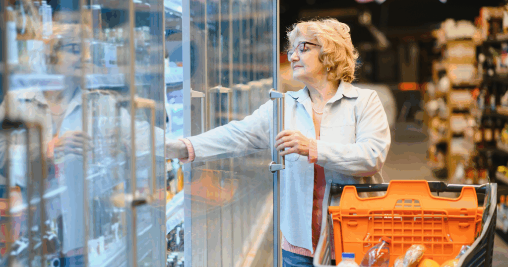 Mulher escolhendo bebidas refrigeradas em supermercado com carrinho de compras, representando o impacto do imposto do pecado sobre produtos como bebidas e alimentos industrializados.