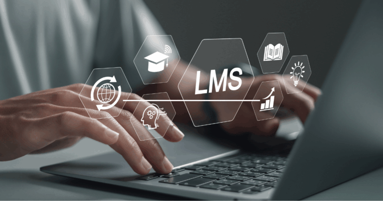 Pessoa digitando em um laptop com ícones digitais representando aprendizado online e a sigla LMS, simbolizando um sistema de gestão de aprendizagem.