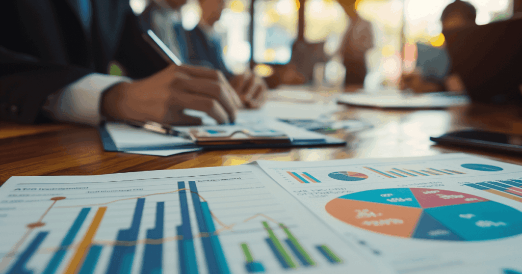 Reunião de negócios com gráficos e relatórios sobre a mesa, mostrando análise de dados e indicadores de um mapa fiscal.
