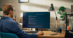Profissional escrevendo um prompt em uma ferramenta de IA em um computador de mesa.