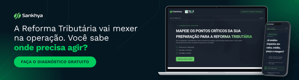 Banner da Sankhya sobre a Reforma Tributária, com convite para realizar um diagnóstico gratuito e identificar pontos críticos de preparação da empresa. À direita, notebook e celular exibem a ferramenta de avaliação.