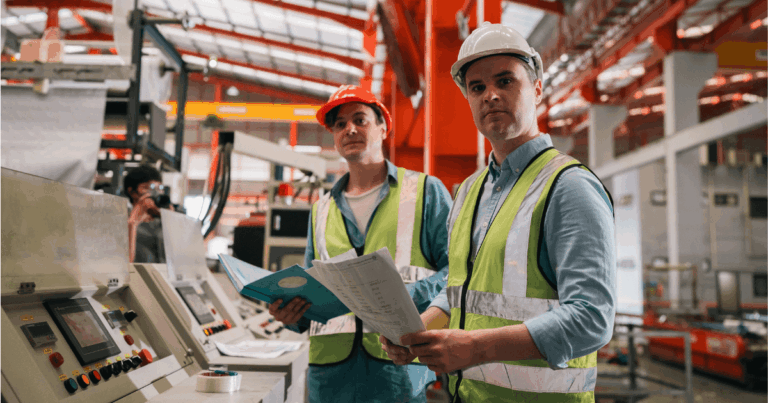 Dois profissionais da indústria usando capacetes e coletes de segurança analisam documentos ao lado de máquinas em uma fábrica, representando atividades de gestão e controle da produção.