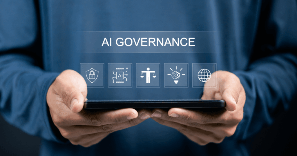 Pessoa segurando um tablet com ícones digitais de segurança, ética, transparência e inovação, representando conceitos de governança de IA e uso responsável da inteligência artificial nas organizações.