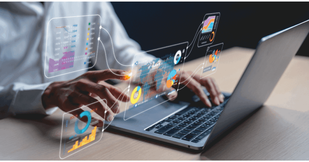 Pessoa utilizando notebook com dashboards e gráficos digitais integrados à tela, representando estratégias de nutrição de leads com uso de dados, automação e análise de informações em tempo real.