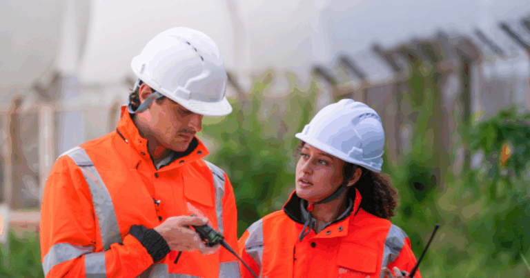Profissionais de SST usando capacetes e roupas de alta visibilidade se comunicam por rádio em ambiente externo de trabalho, realizando inspeção de segurança.
