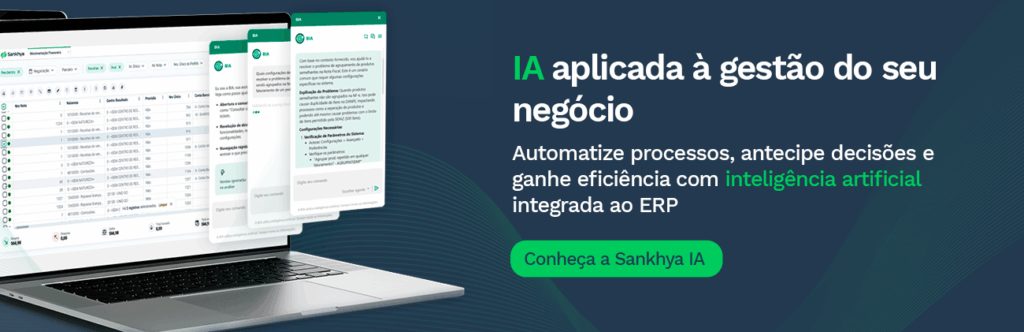 Banner com interface do ERP Sankhya exibida em um notebook, acompanhada de telas sobrepostas com assistente de IA. Ao lado, texto destaca “IA aplicada à gestão do seu negócio” e convida a automatizar processos, antecipar decisões e ganhar eficiência com inteligência artificial integrada ao ERP, com botão “Conheça a Sankhya IA”.