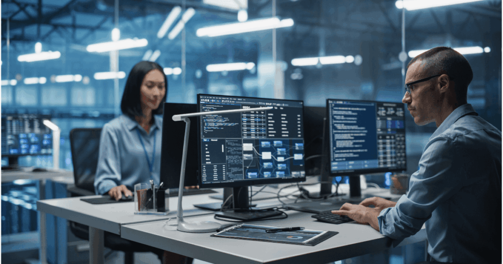 Profissionais trabalhando com MLOps em ambiente corporativo, monitorando modelos de machine learning e pipelines de dados em múltiplas telas.