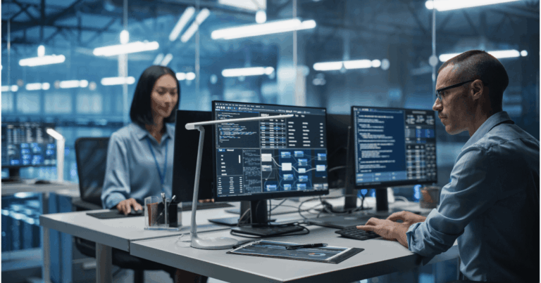 Profissionais trabalhando com MLOps em ambiente corporativo, monitorando modelos de machine learning e pipelines de dados em múltiplas telas.