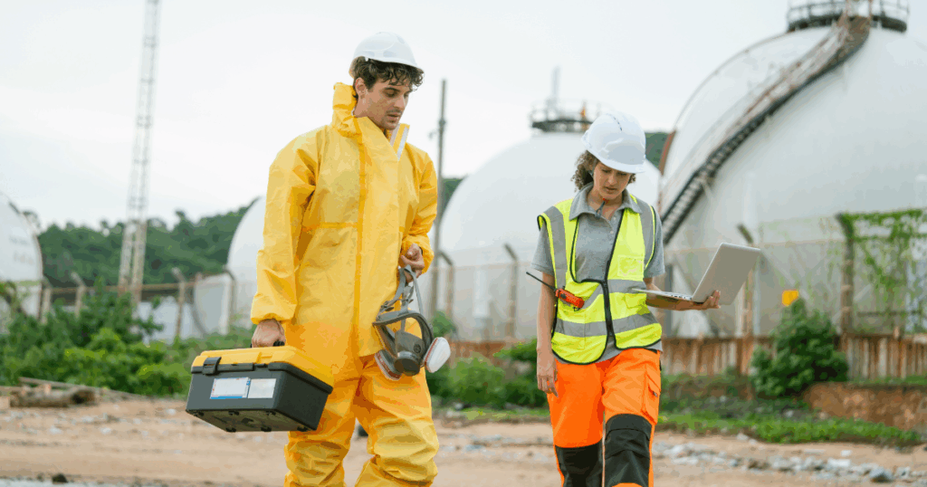 Dois profissionais utilizam equipamentos de proteção individual (EPIs) durante inspeção em uma área industrial com tanques de armazenamento ao fundo, cenário associado a atividades que podem gerar direito ao adicional de periculosidade devido à exposição a agentes e operações de risco.