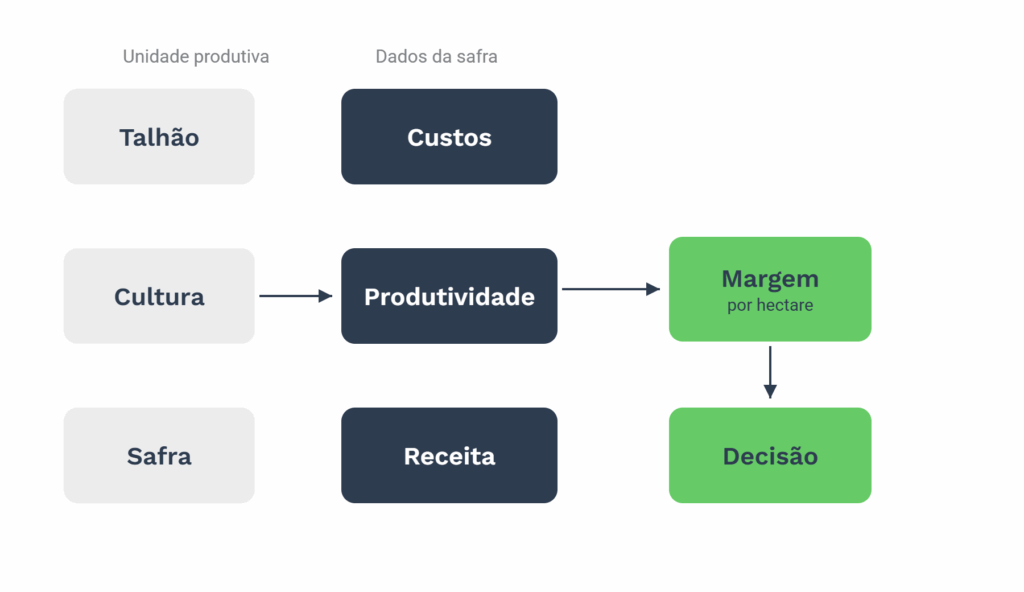O fluxo ilustra como as informações da unidade produtiva (talhão, cultura e safra) são combinadas com os dados da safra (custos, produtividade e receita) para calcular a margem por hectare, indicador que serve de base para a tomada de decisão na gestão agrícola.